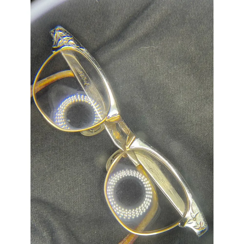 Cat Eye Glasses Art-Craft Gold Aluminum Browline Etched Floral 50s USA Vintage